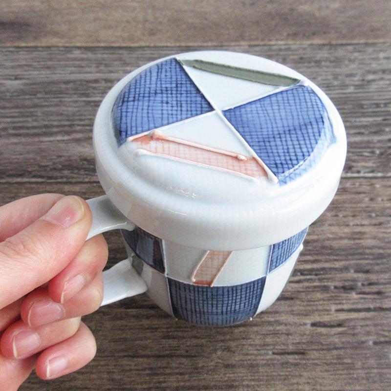 マグカップ フタ付き マグ 陶器のコップ チェック柄 日本製 美濃焼