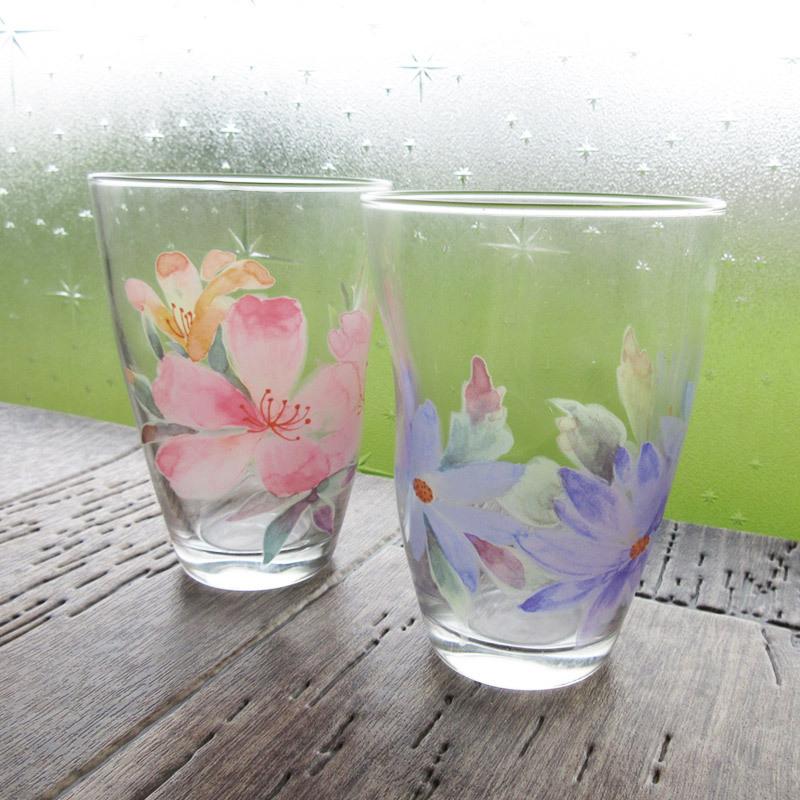 水彩画風 花柄 グラス（2柄選択）/ コップ タンブラー ガラス食器 昭和