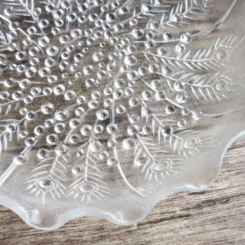 孔雀の羽柄 ガラスプレート 16.5cm / 硝子 皿 浅鉢 ガラス食器