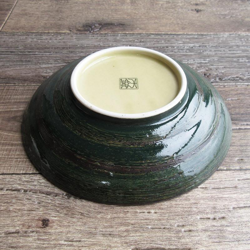 完売】土灰釉十草 麺皿 23cm / 7.5寸 大皿 日本製 深緑 モスグリーン