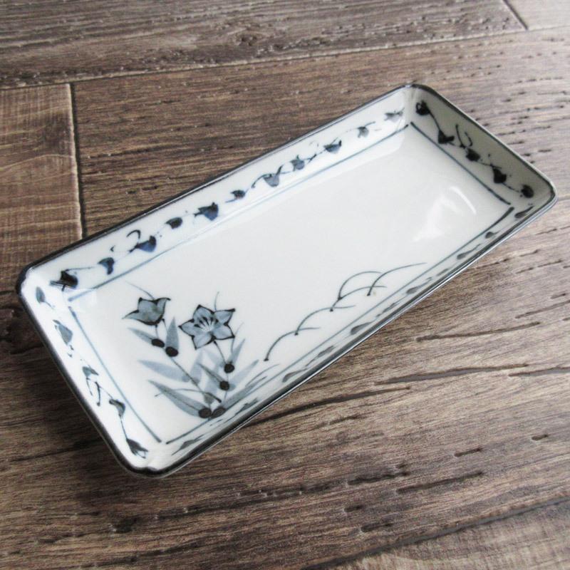 桔梗 長角皿 21cm / ききょう 古染 花柄 キキョウ 刺身皿 焼き物皿