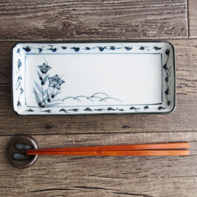 桔梗 長角皿 21cm / ききょう 古染 花柄 キキョウ 刺身皿 焼き物皿