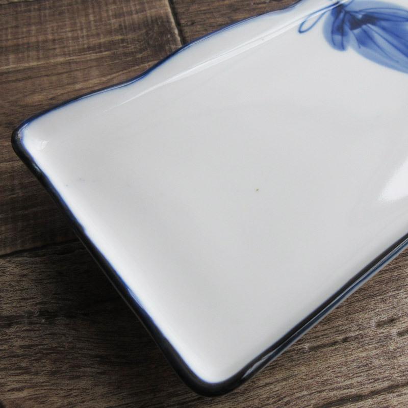 焼物皿 長角皿 和食器 刺身皿 葡萄 ブドウ 染付 手描き風 波渕