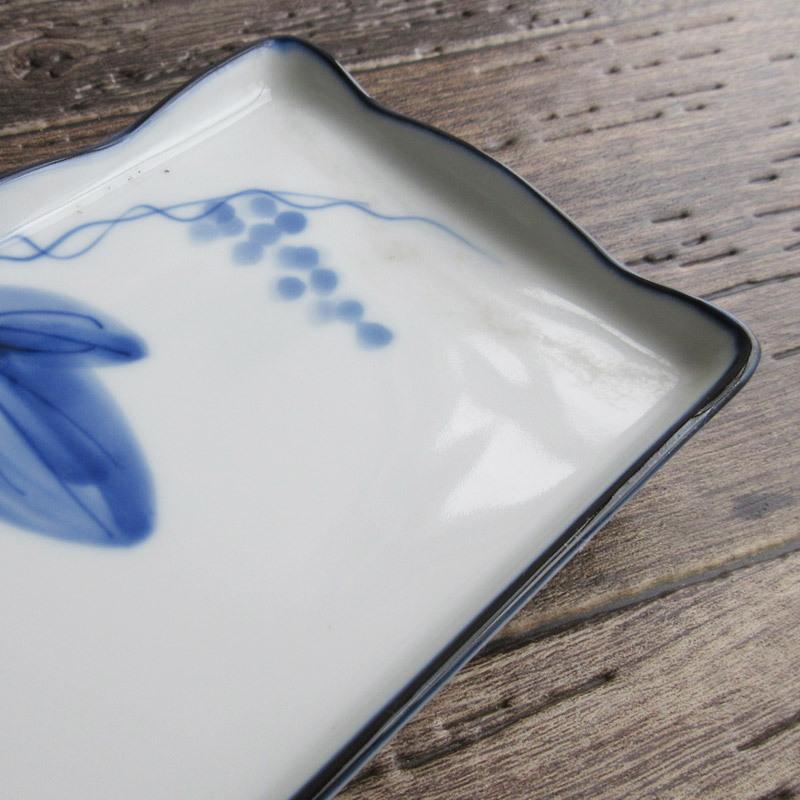 焼物皿 長角皿 和食器 刺身皿 葡萄 ブドウ 染付 手描き風 波渕