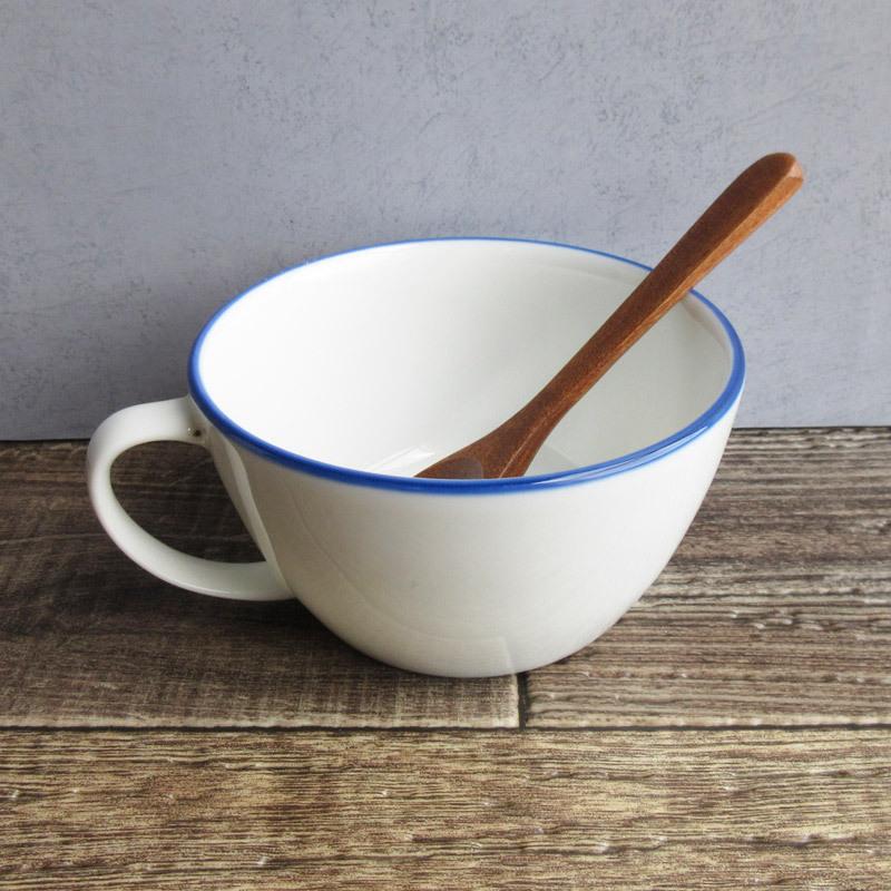 スープカップ 300cc スープマグ ブルーライン ホーロー風 白い食器