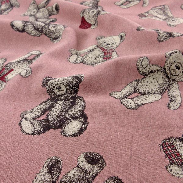 ハーフリネンキャンバス生地（CR8888）クマぬいぐるみ柄プリント 生地