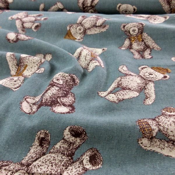 ハーフリネンキャンバス生地（CR8888）クマぬいぐるみ柄プリント 生地