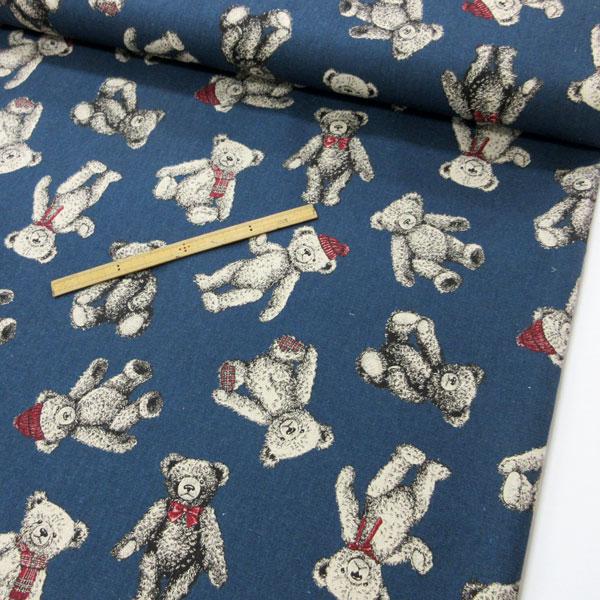ハーフリネンキャンバス生地（CR8888）クマぬいぐるみ柄プリント 生地