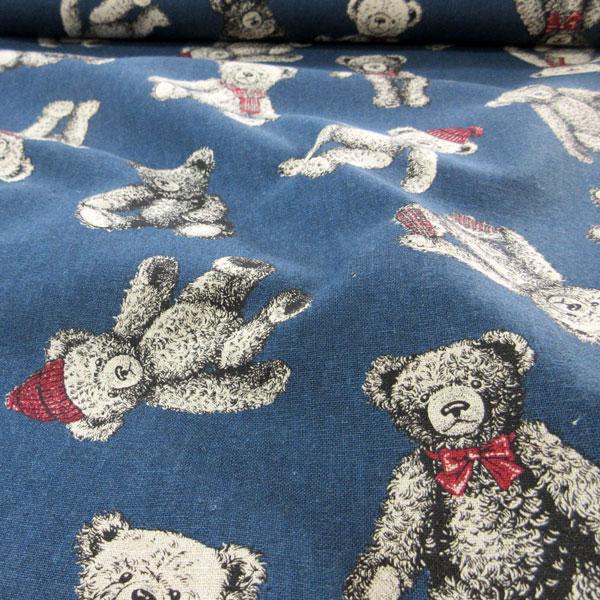 ハーフリネンキャンバス生地（CR8888）クマぬいぐるみ柄プリント 生地
