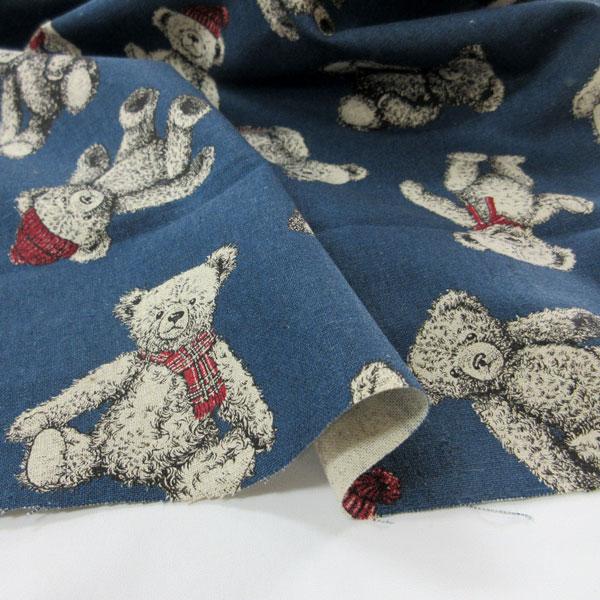 ハーフリネンキャンバス生地（CR8888）クマぬいぐるみ柄プリント 生地