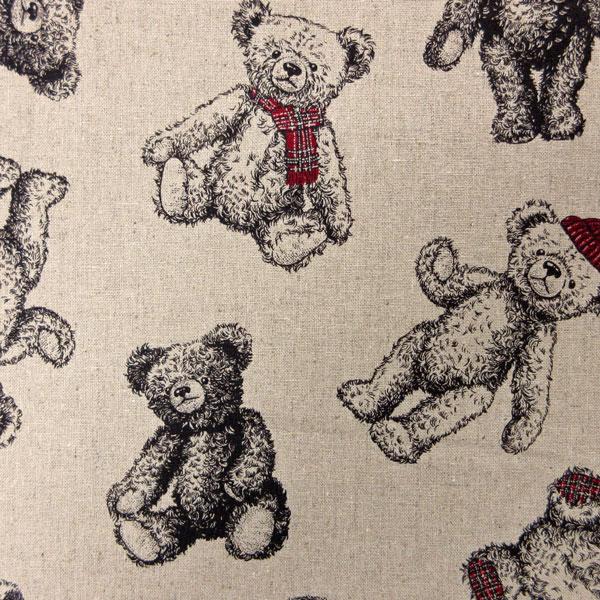 ハーフリネンキャンバス生地（CR8888）クマぬいぐるみ柄プリント 生地