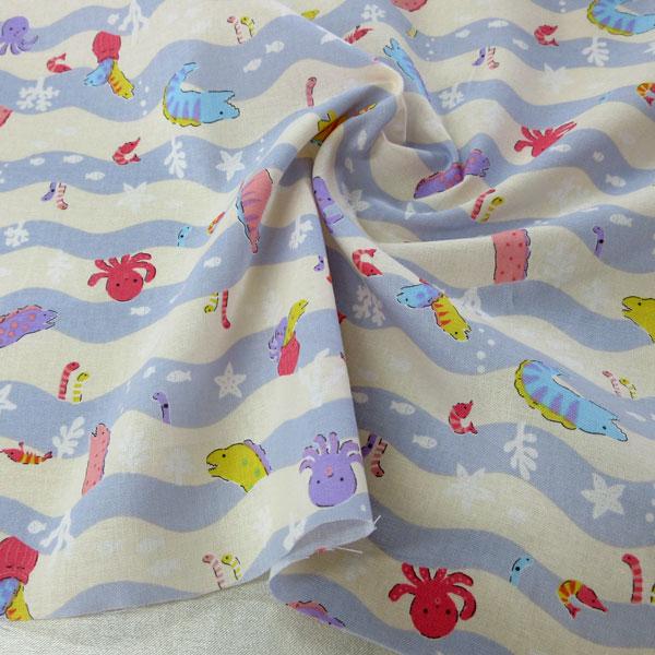 大特価】綿100%シーチング生地（YMP611）ウツボ＆タコ柄プリント 110cm