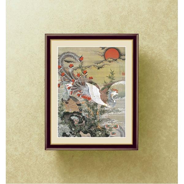 人気 若冲 鳳凰 旭日 動植綵絵額 群鶏 白鳳 鶏 伊藤若冲 額装品 茶 F6号 旭日鳳凰図売れ筋
