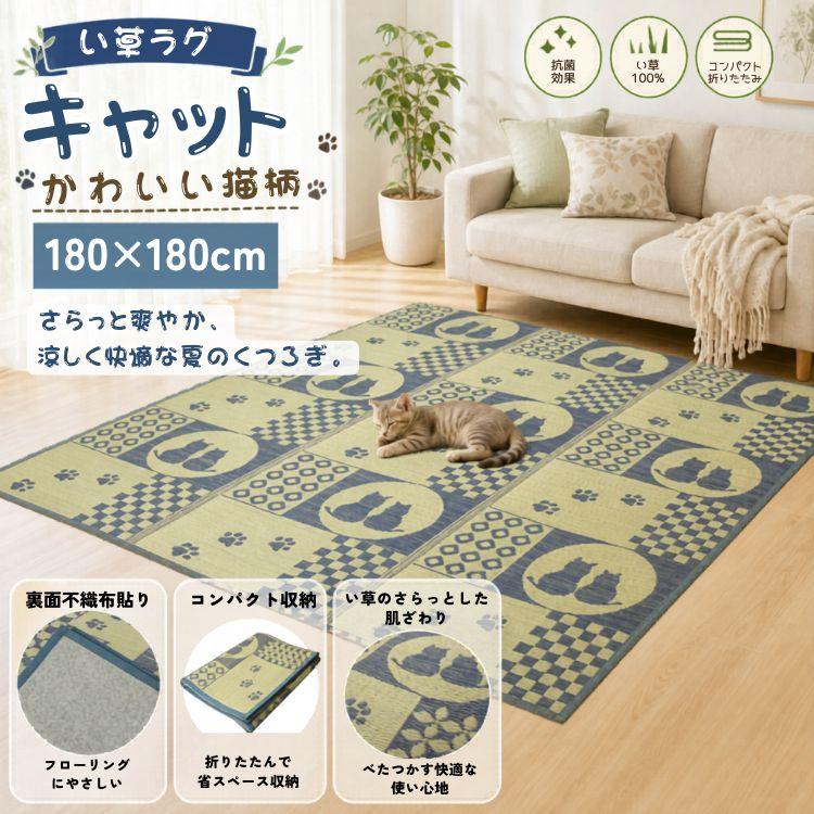 い草ラグ かわいいねこ柄 キャット 180x180cm 2畳用 不織布貼