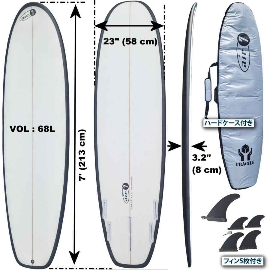 213cm ロングボード 7ft x 23in surfboard ハードケース付き 5枚フィン 