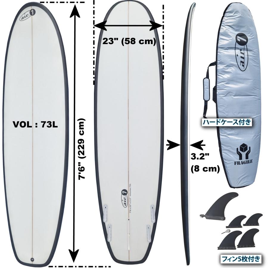 229cm ロングボード 7ft 6in x 23in surfboard ハードケース付き 5枚フィン付き サーフボード セット カーボン (229 x 58 x 8 cm) Vol. 68L｜sarutek｜02