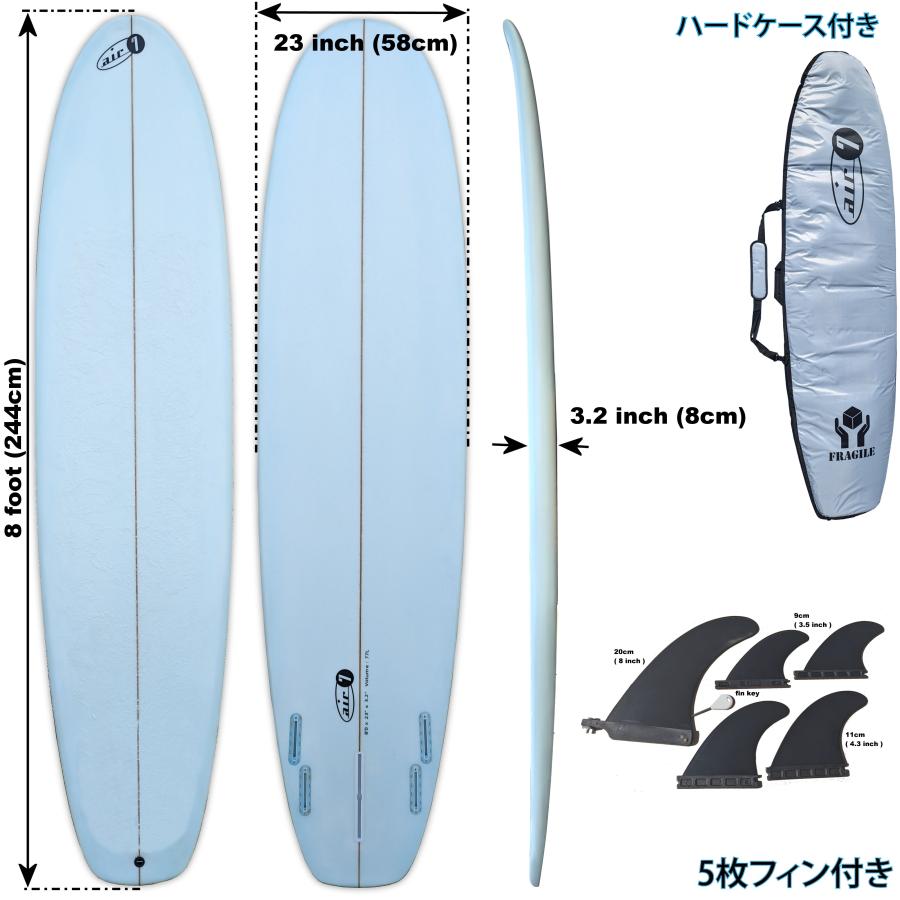 244cm ロングボード 8ft x 23in surfboard ハードケース付き 5枚フィン付き サーフボード セット エポキシ (8ft x 23in x 3.2 in) Vol. 77L｜sarutek｜02