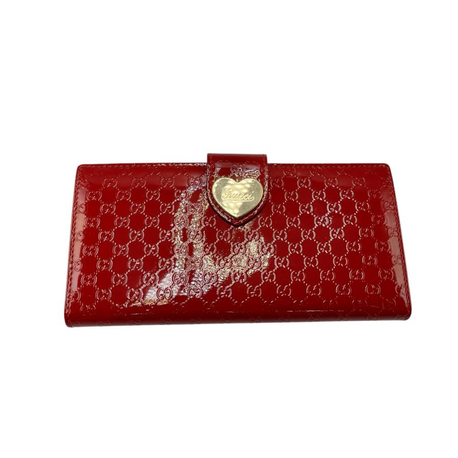 希少 グッチ 2つ折り長財布 レッド ハートロゴ シマグッチ エナメル GUCCI（グッチ） ☆ 長財布 マイクログッチ シマ ハート GG ロゴ