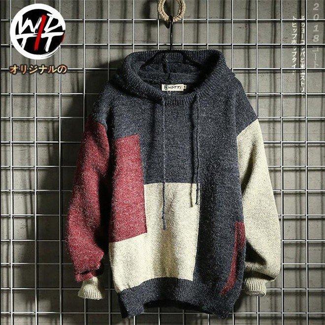 即納 最大半額 冬 秋 カジュアル トップス フード付き ニットパーカー 切り替え プルオーバー ニット メンズ セーター ゆったり 紳士 長袖 ニット セーター サイズ 2xl 5yhkmi Com