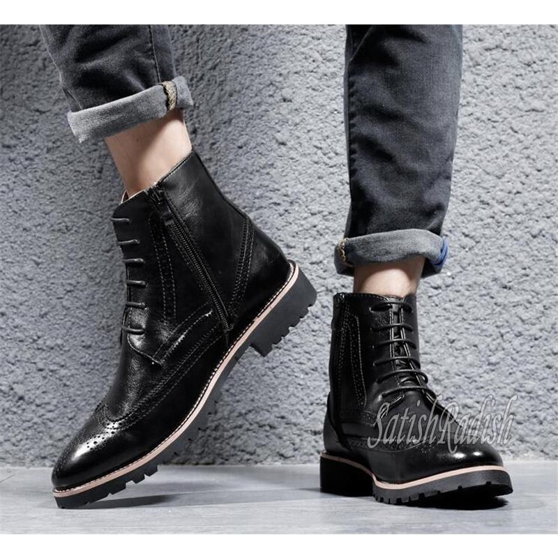 ブローグブーツ メンズシューズ マーティンブーツ イギリス風 サイドジップ トンガリ ショートブーツ 紳士靴 レースアップ カジュアル フェイクレザー 春秋冬 0437 Satishradish 通販 Yahoo ショッピング