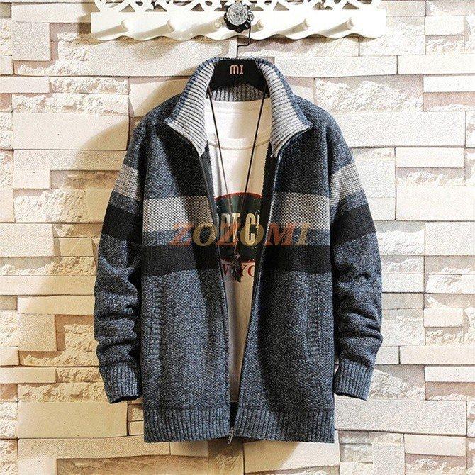 ニットカーディガン メンズ 裏起毛 カーディガン 厚手 防寒 ジャケット ボーダー 立て襟 メンズセーター 長袖 秋冬 Gd 018