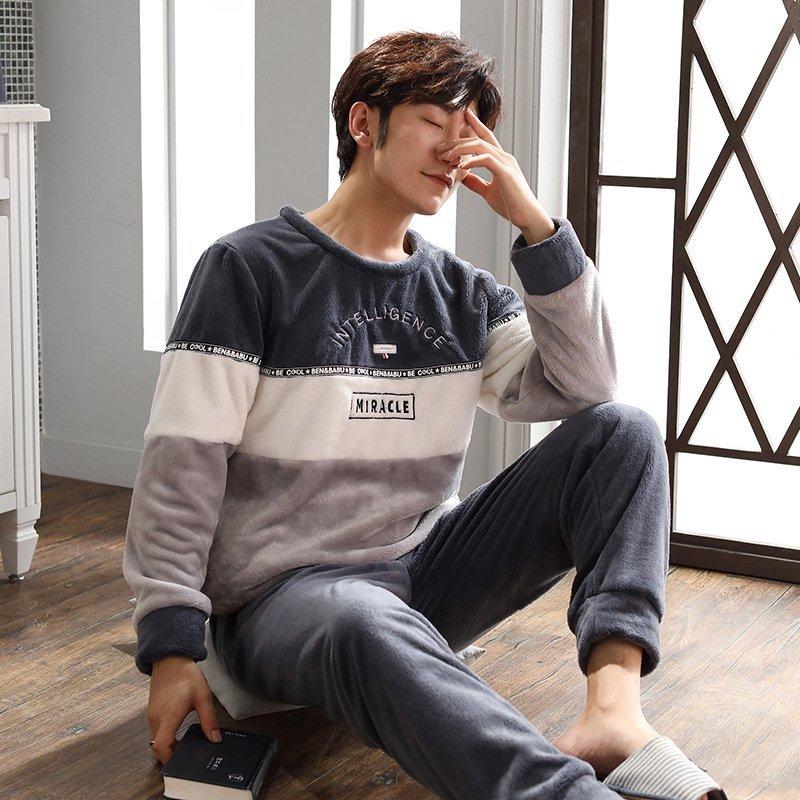 19冬新作 メンズ 暖かい ふわもこ パイピング パジャマ クラウン ルームウェア 上下セット 冬用 紳士用 厚手 防寒 もこもこ 部屋着 寝間着