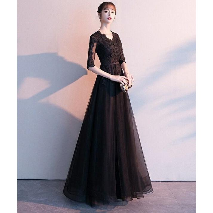 全4色 ドレス 大人 ピアノ 発表会 演奏会 ロングドレス 母親 結婚式 黒 袖あり Aライン ワンピース フォーマル パーティードレス 20代 30代 40代 ブラ | ブランド登録なし | 05
