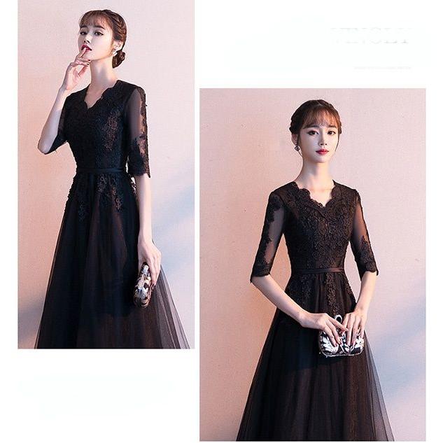 全4色 ドレス 大人 ピアノ 発表会 演奏会 ロングドレス 母親 結婚式 黒 袖あり Aライン ワンピース フォーマル パーティードレス 20代 30代 40代 ブラ | ブランド登録なし | 07