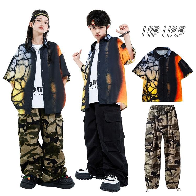 派手 ヒップホップ 衣装 キッズ ダンス シャツ カーゴパンツ 迷彩