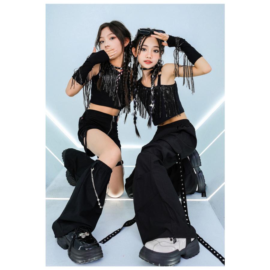 ベリーダンス セットアップ 黒 フリンジ ビーズ キッズダンス 女の子 4点セット 黒 フリンジ フリル タンク