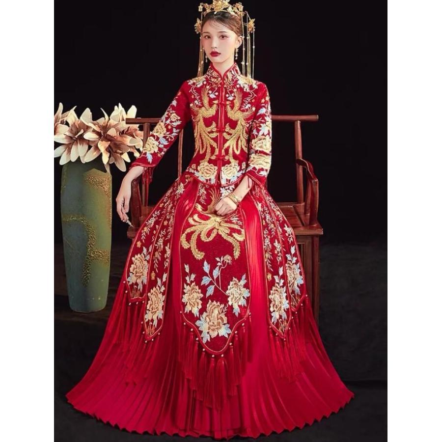 チャイナ風花嫁衣装 中国伝統ウエディングドレス 中華服 上下2点セット