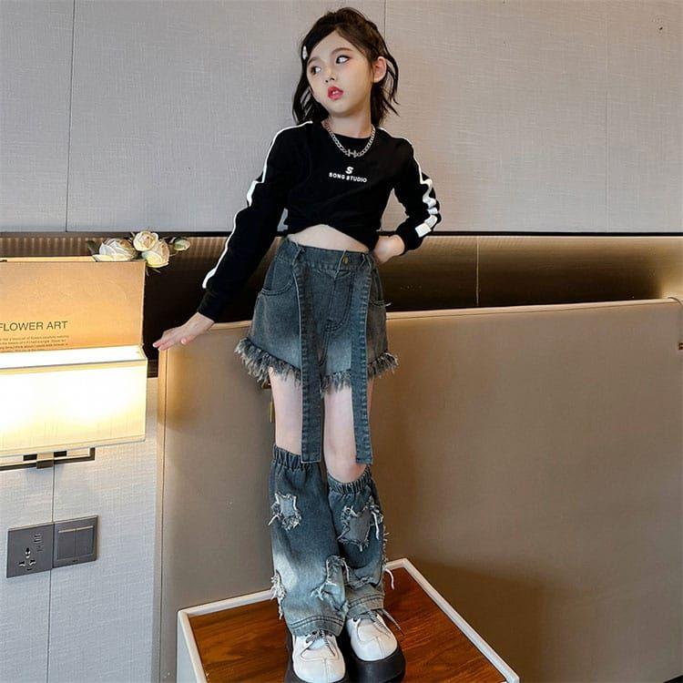 即納 ダンス衣装 セットアップ 子供服 女の子 白 黒 k-pop デニム