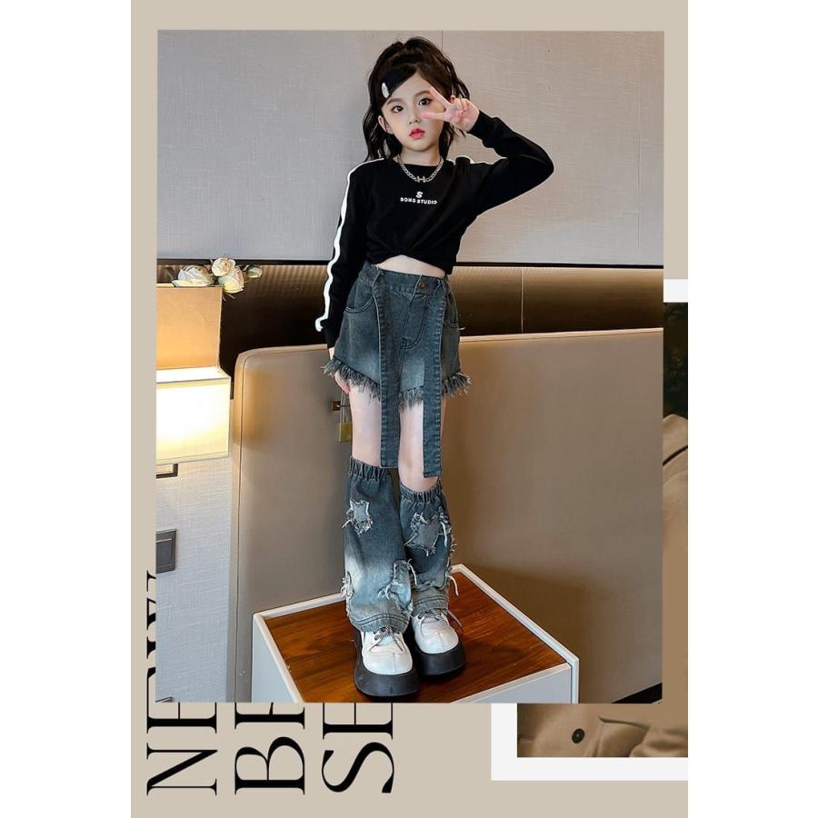 子供　女の子　ダンス衣装 即納 ダンス衣装 セットアップ 子供服 女の子 白 黒 k-pop デニム