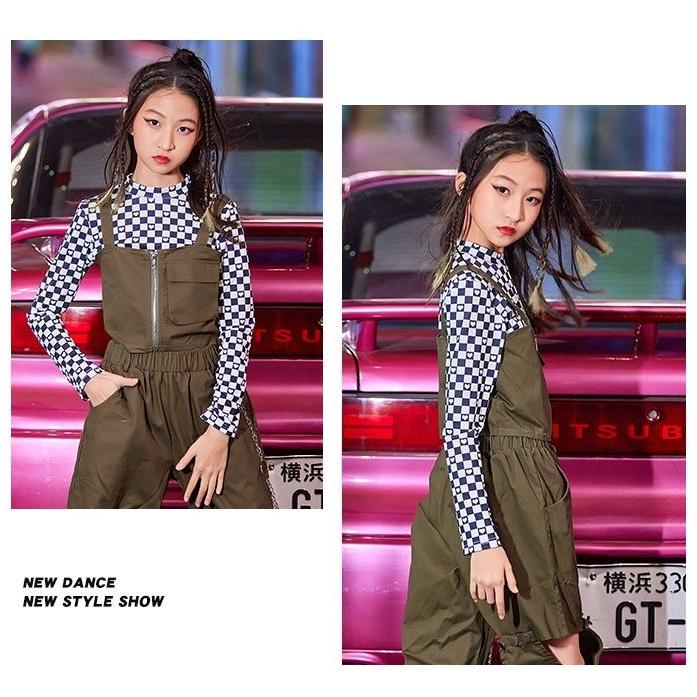 キッズダンス衣装 セットアップ ミリタリー カーキ 韓国 K-POP 子供ダンス服 ガールズヒップホップ ダンス衣装 キッズ  hiphop ヘソ出し トップス ビスチェ パン｜satojimusyo｜03