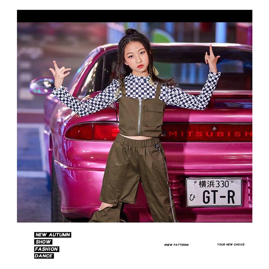 キッズダンス衣装 セットアップ ミリタリー カーキ 韓国 K-POP 子供ダンス服 ガールズヒップホップ ダンス衣装 キッズ  hiphop ヘソ出し トップス ビスチェ パン｜satojimusyo｜08