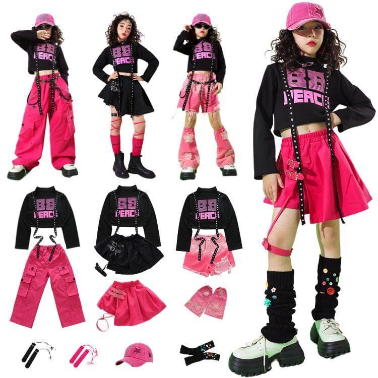 フリル付き黒とピンクのダンス衣装 キッズダンス衣装 ヒップホップ 女の子 英字柄 長袖 ワイド