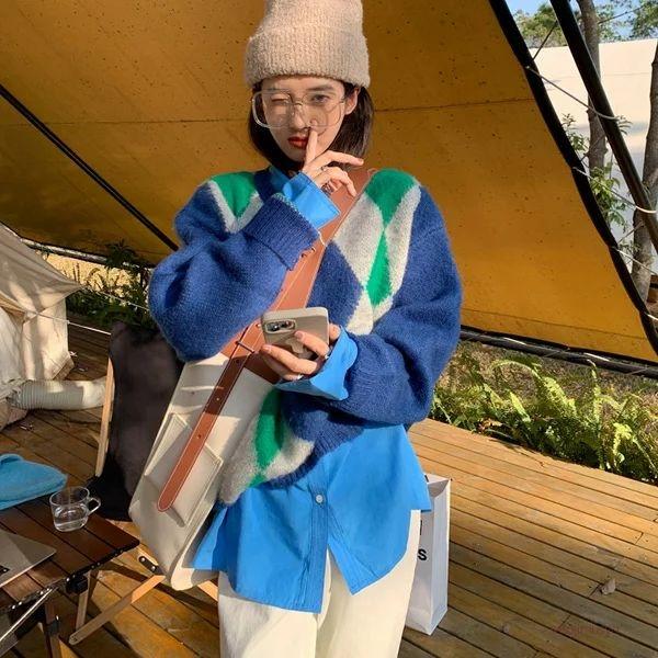 アーガイル柄 セーター ニット トップス クルーネック レトロ