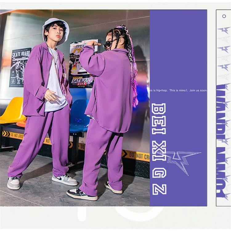 キッズ ダンス 衣装 ヒップホップ 2点セット パープル セットアップ