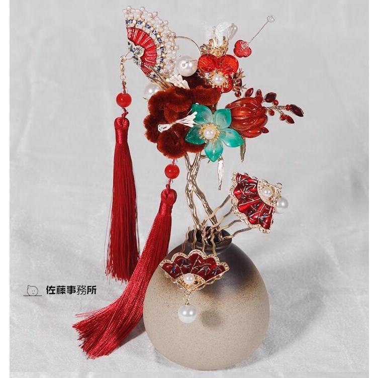 中華風 ブライダル ヘアアクセサリー 中華髪飾り5点セット 赤系 中国風