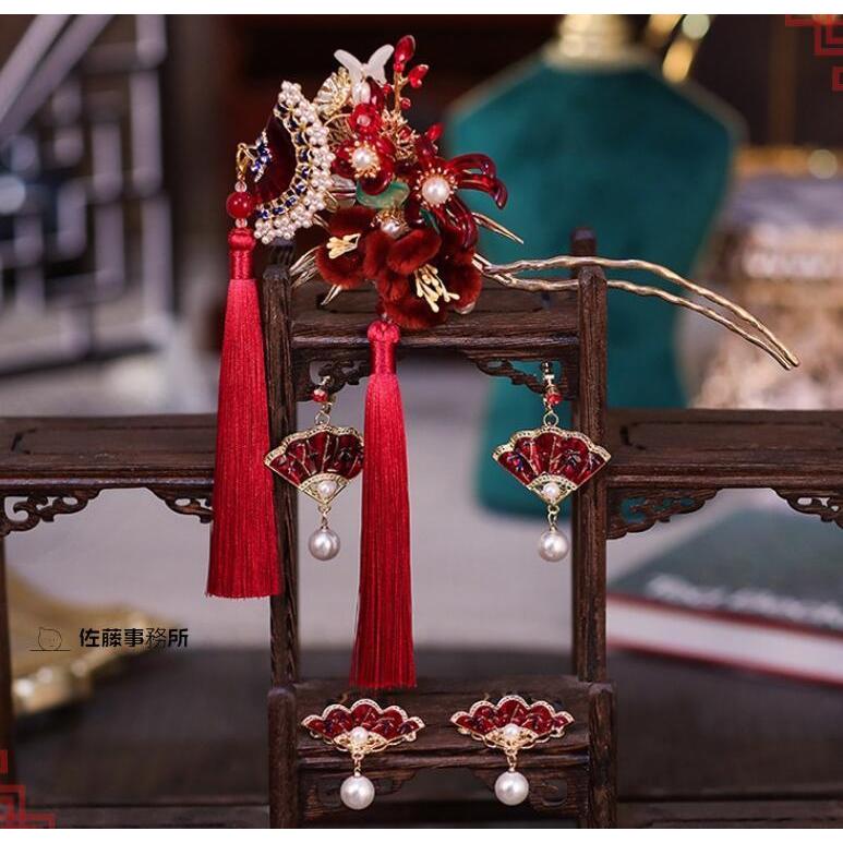 中華風 ブライダル ヘアアクセサリー 中華髪飾り5点セット 赤系