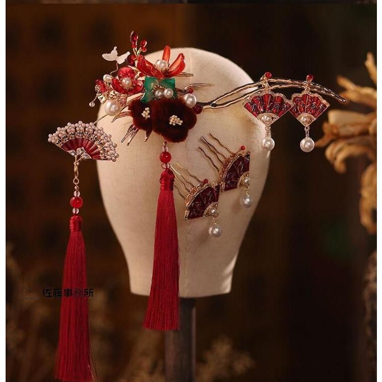 中国　結び装飾品　まとめ売り5点セット 中華風 ブライダル ヘアアクセサリー 中華髪飾り5点セット 赤系