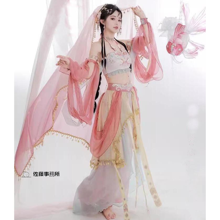 中華風アラビアン コスプレ衣装 ピンク系 ベールとリボンの姫袖