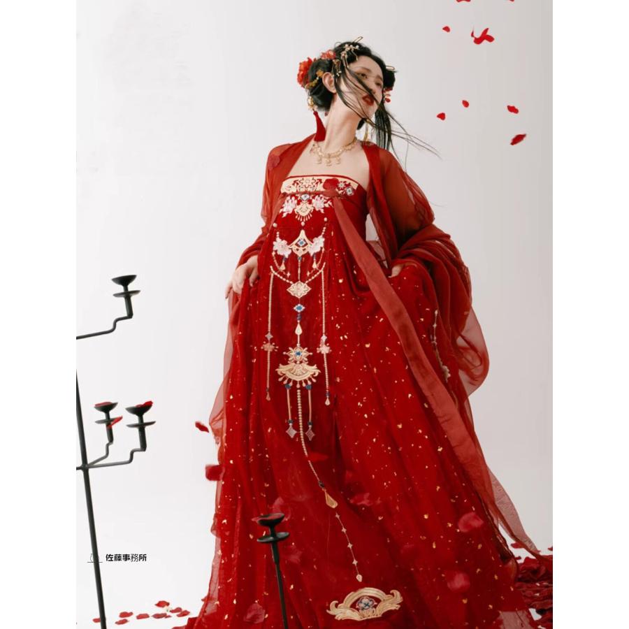 【新品未着用】花枝 漢服中国服中国刺繍漢服2点セット　コスプレ中華 中国古代服装 大人 中華コスプレ衣装 漢唐古典 花嫁用 漢服 赤