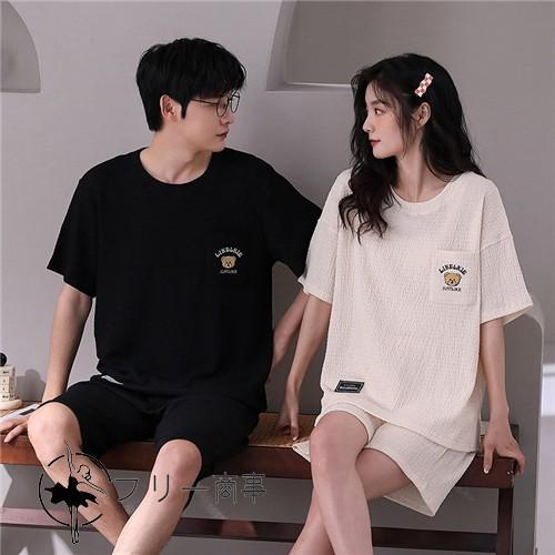 ペア パジャマ 半袖 夏 ベージュ ブラック クマ メンズ ルームウェア 外出 レディース 綿 ペアパジャマ ギフト おしゃれ カップル ペア 春夏 結婚祝い プレゼン | 