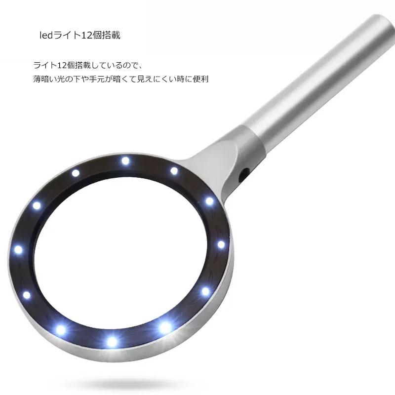 手持ちルーペ 拡大鏡 ledライト付き ハンド ルーペ メタル 取り外し