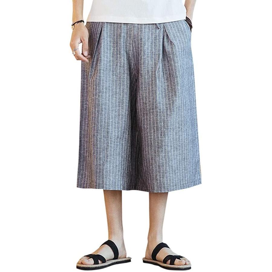 サルエルパンツ 七分丈 メンズ 綿麻 リネン ストライプ柄 ワイドパンツ 夏秋 S 保障できる