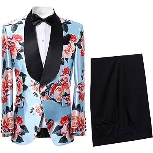 メンズ 2ピーススーツ 花柄ドレススーツ スリムフィット ショールカラー ウェディングパーティー ブレザー パンツセット(s2107250733) | ブランド登録なし