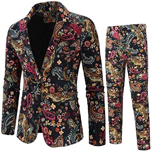 メンズ 2ピース 花柄スーツ スリムフィット プリントスーツ ワンボタン ドレスジャケット ブレザー パンツセット(s2107251173) | ブランド登録なし