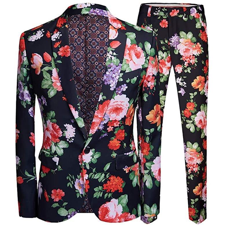 メンズ 2ピース スリムフィット スーツ ファッション フローラルプリント ワンボタン ノッチラペル ジャケット ブレザー (s2107251391) | ブランド登録なし