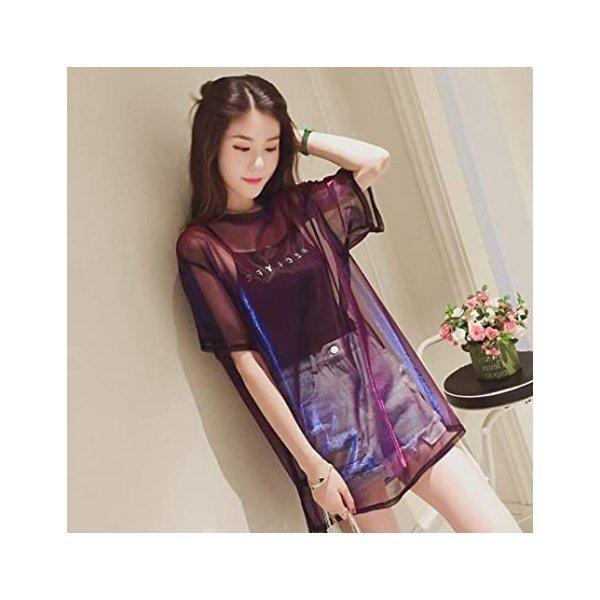 特価 レディース 半袖 シースルーロング丈Tシャツ キラキラ プリンプリン ゆったり ダンス衣装 ファッション AA(s2111130034)|satonana|03
